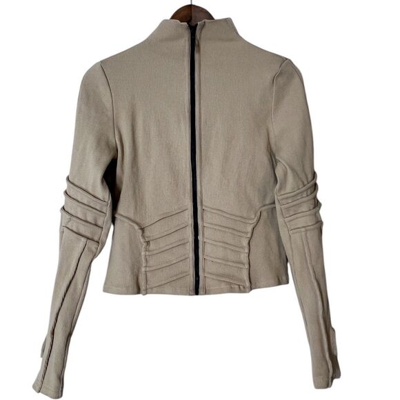 BBXBRAND Ribbed Tan Full Zip Jacket Womens Sz 12 Mock Neck Thumb Holes